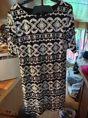 R&K Black and White Mini Dress with Geometric Lace Pattern